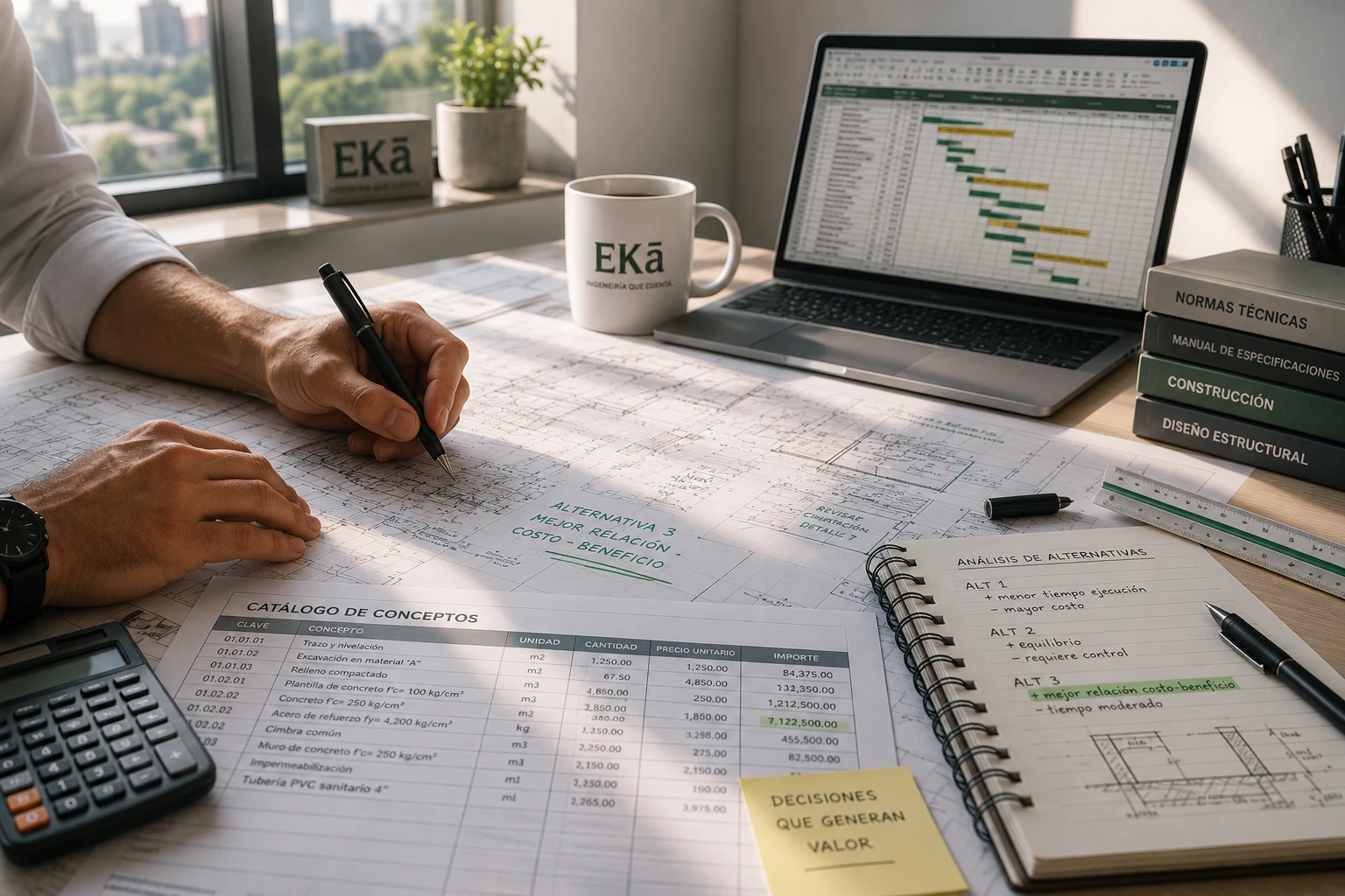 Escritorio de trabajo con planos, catálogo de conceptos y taza EKā